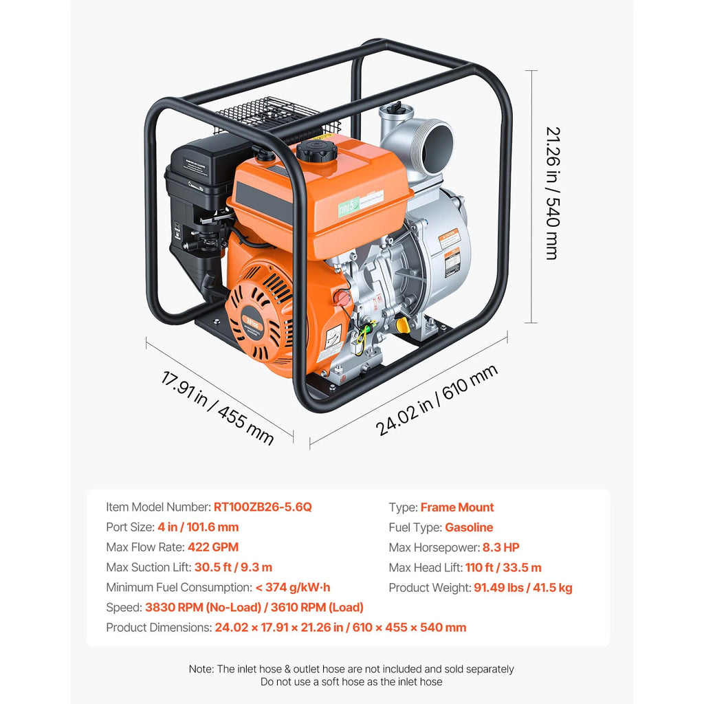 Gas Powered Water Pump 4-Inch 422 GPM 8.3HP Cast Iron Gas Water Pump Vue 4inch 8.3HP United States