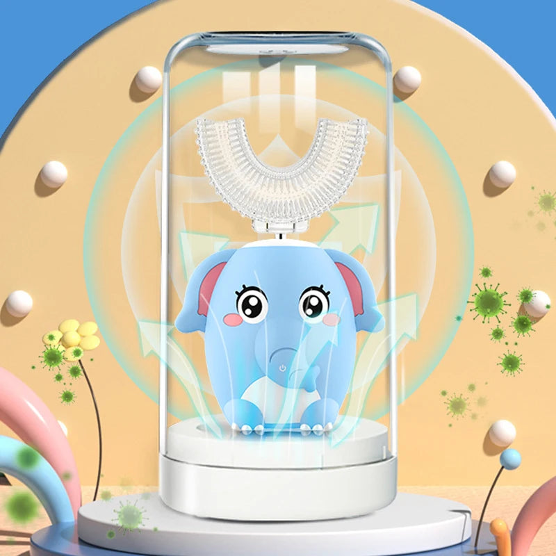 360 Degrees Automatic U Shape Children Electric Toothbrush Rechargeable Smart Kids Sonic Toothbrush Silicone Cartoon Blue Light Vue