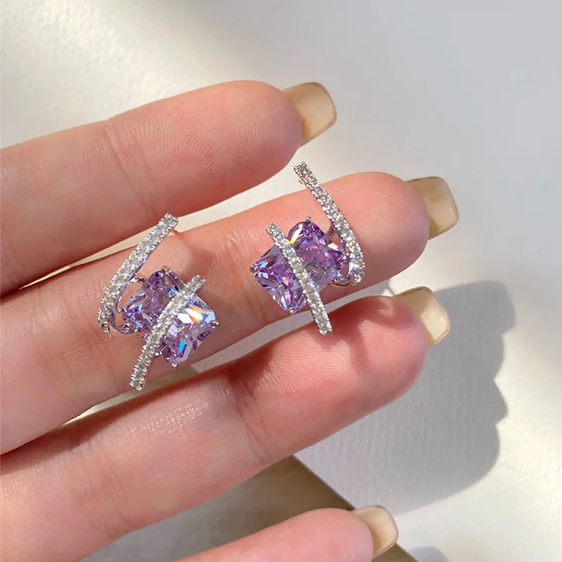 Huitan Purple Cubic Zirconia Rectangular Stud Earrings Women Stud Earrings Vue