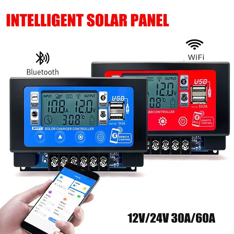 12V/24V LCD Digital Display 30A 60A Bluetooth WiFi Solar Charge Controller Embedded Snap-on Energy Storage MPPT Solar Controller Vue