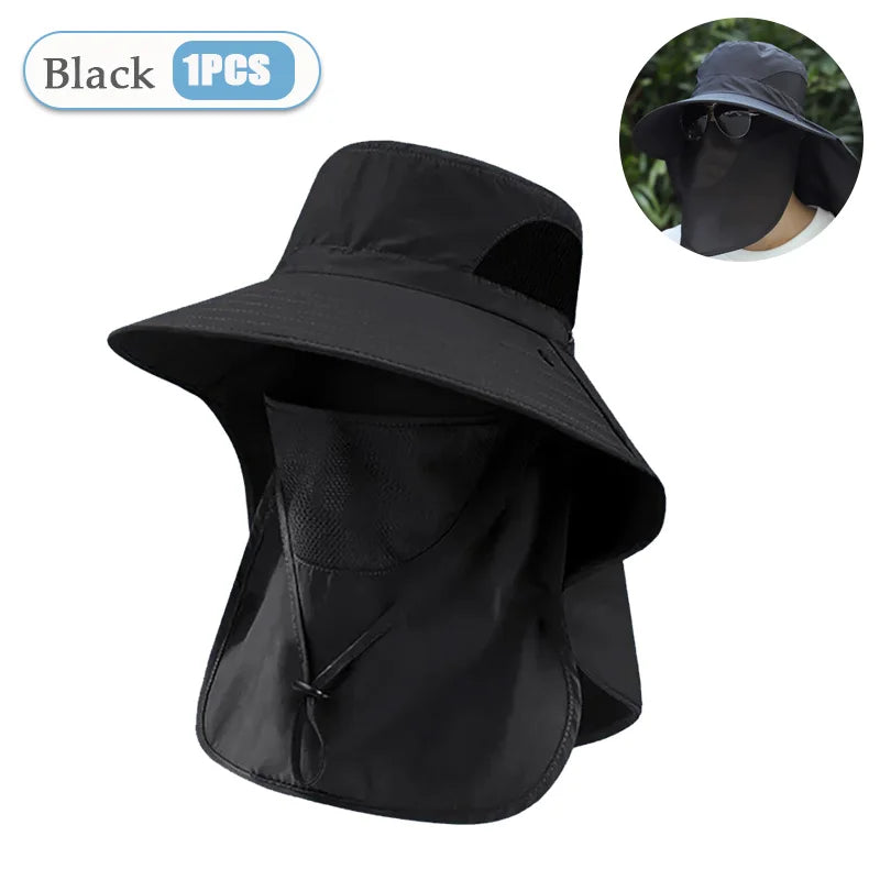 Sun Hat Summer Men Hats Outdoor Sun Protection Detachable with Large Brim Hiking Mask Fishing Outdoor Detachable Sun Beach Hat Vue Black-1PC