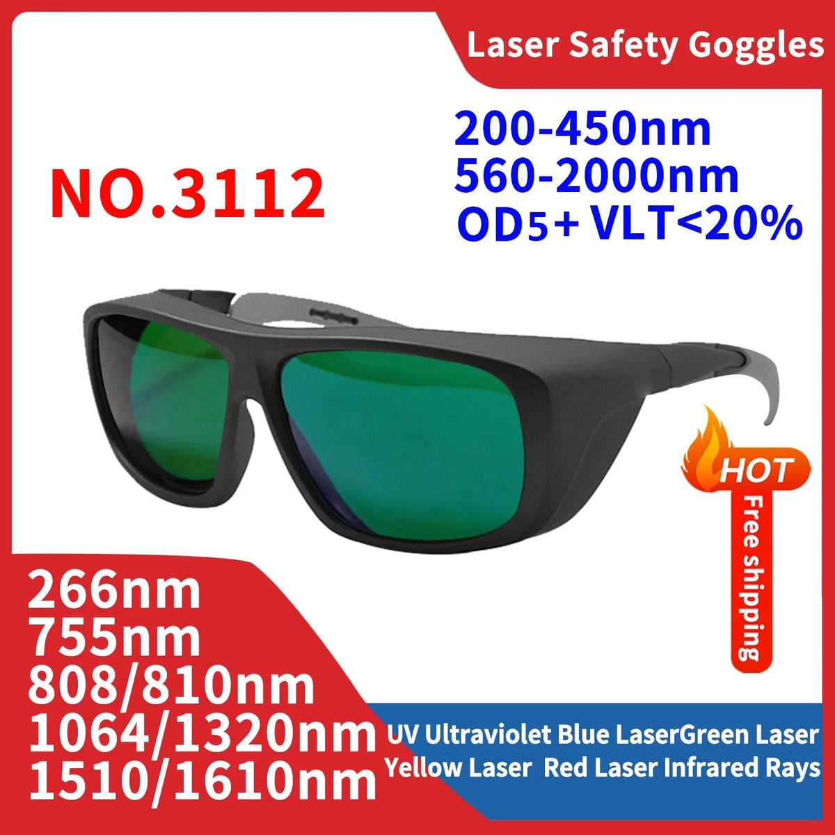 Laser Glasses Protection X Rays Safety Goggle Eye Protective UV IPI IR IPL FPV 200-2000nm 1064 532nm All Wavelength Hair Removal Vue 3112
