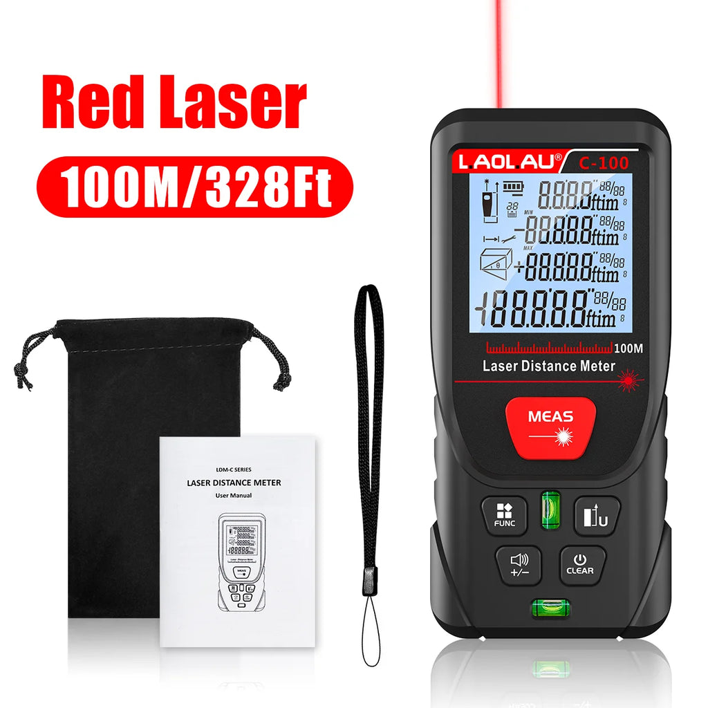 LAOLAU Digital Laser Range Finder RED/Green Laser Beam Meter High Precision Measuring Tools Backlit Screen IP54 Waterproof Vue C-100-redlaser