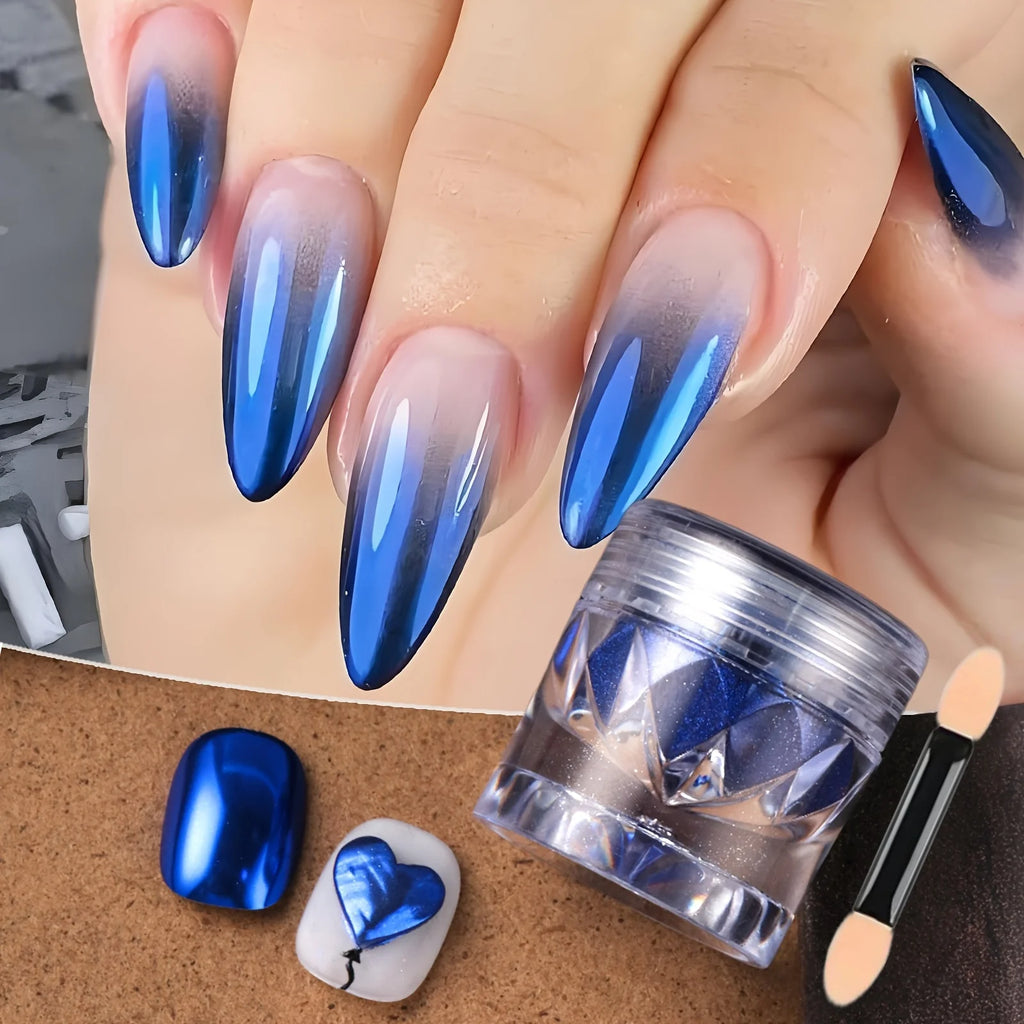 1pc Blue Mirror Chrome Nail Powder - Metal glitter, DIY nail art, Y2K glitter, wedding nail art, parties, and special occasions Vue
