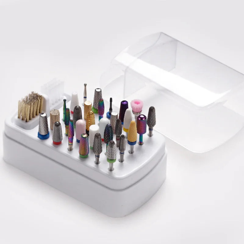 2 in 1 Nail Drill Bits Storage Box 30 Holes with Cleanning Brush Manicure Salon Grinding Head Holder Display Nail Art Accessory Vue