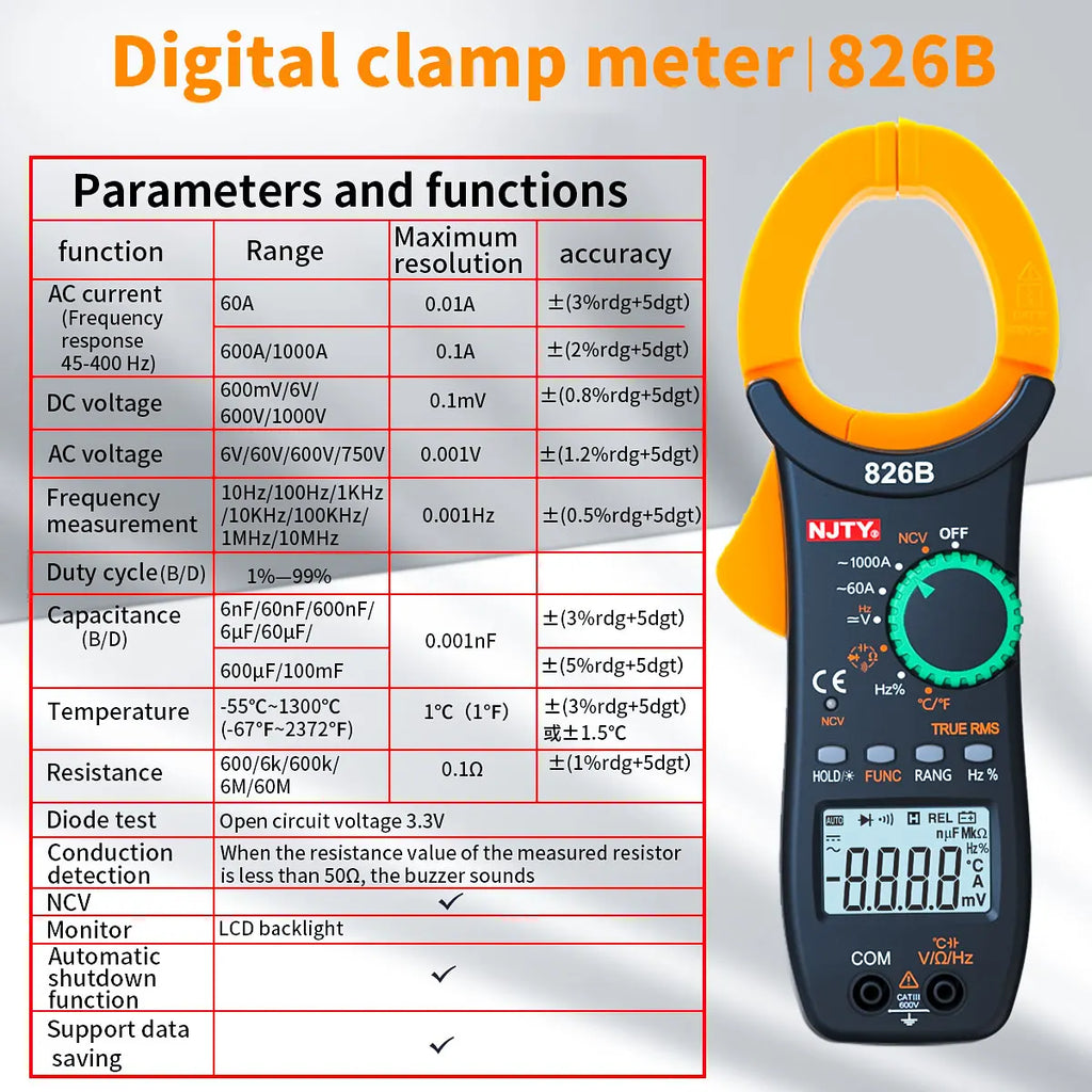 NJTY Current Digital Clamp Meter 1000A Amp Multimeter Voltage Tester temperature capacitance Ohm Hz NCV induced voltage Vue