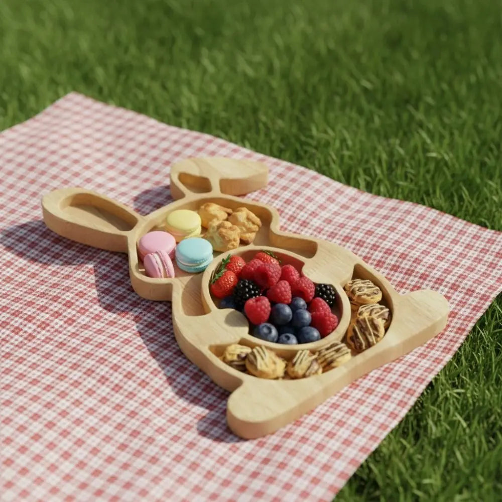 Wooden Easter Egg Shape Tray Cartoon Decorative Bunny Snack Serving Tray with Compartments Durable Food Display Plate Vue