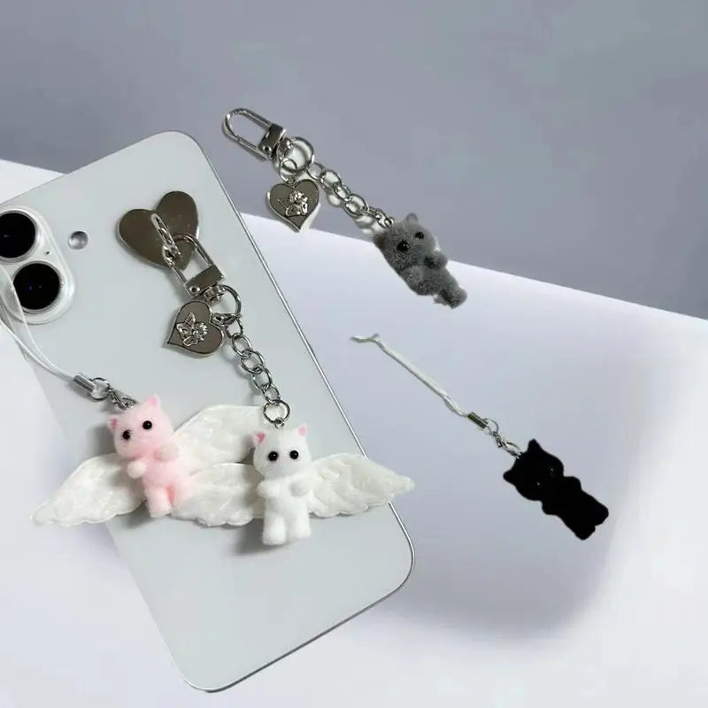 Cute Flocked Angel Wings Cat Keychain Kawaii Heart Phone Chain Anti-Lost Lanyard Bag Decor Gift Vue