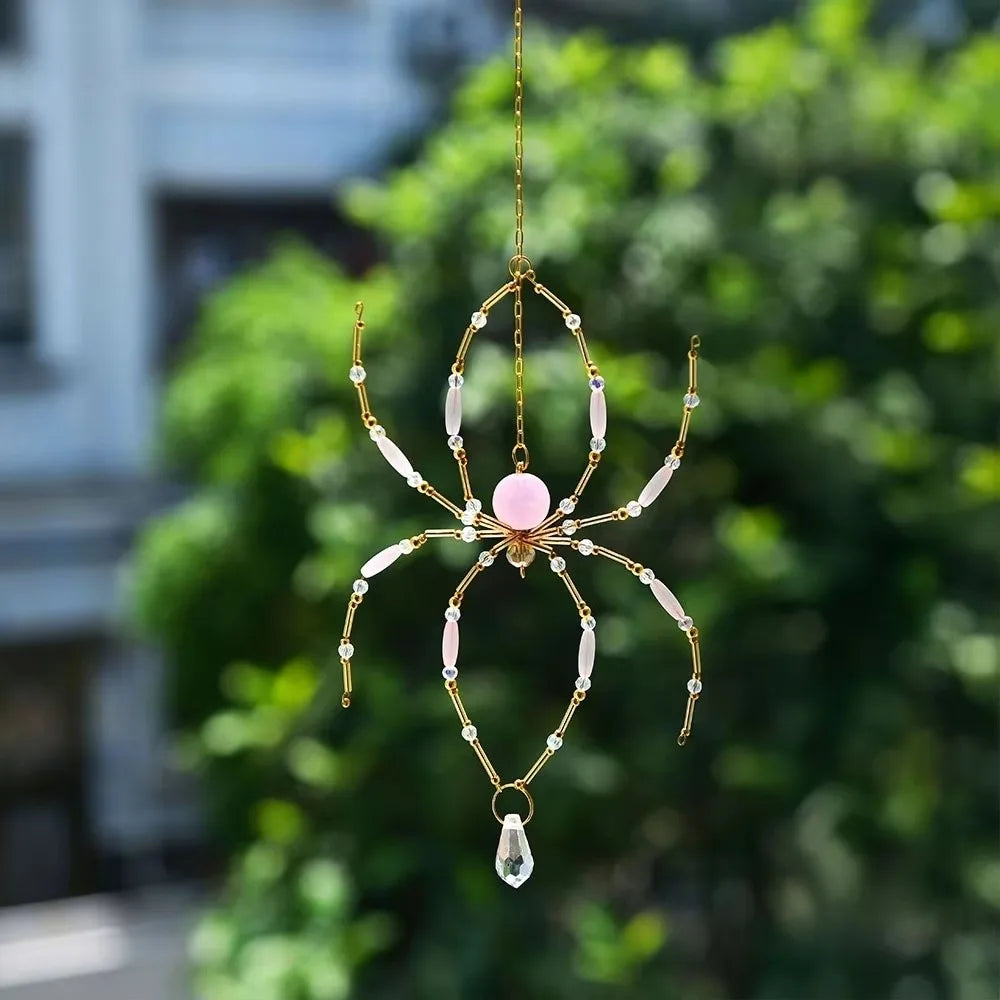 Eight-Leg Spider Shape Crystal Spider Sun Catcher Handmade Gold-Tone Chain Garden Spider Pendant Light Refracting Beaded Wire Vue