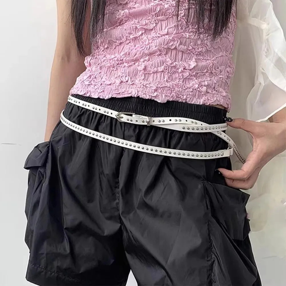 Fashion Y2k Thin Belt Punk Rivet Gothic Waistband Waist Strap PU