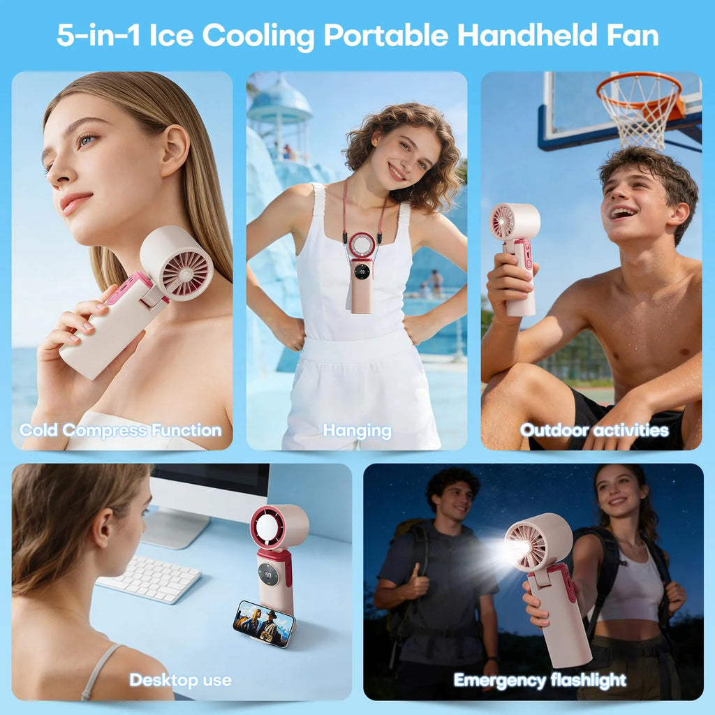 Portable Handheld Fan with Ice Cooling, 199 Levels Stepless Speed,Rechargeable Personal Mini Fan for Travel, Outdoor, Makeup Vue