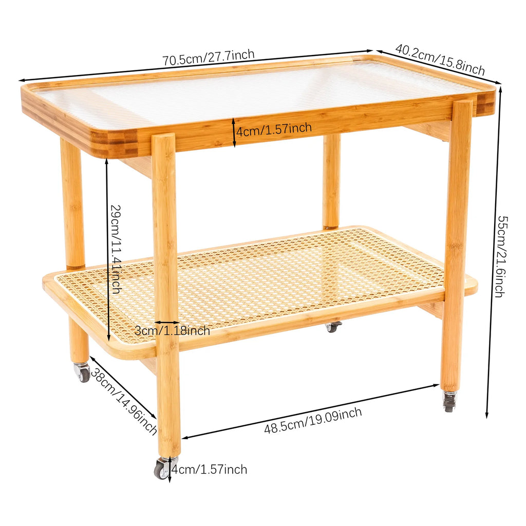 2-Tier Rolling Coffee Table – Tempered Glass & Bamboo, 176 lb Mobile Coffee Table Vue