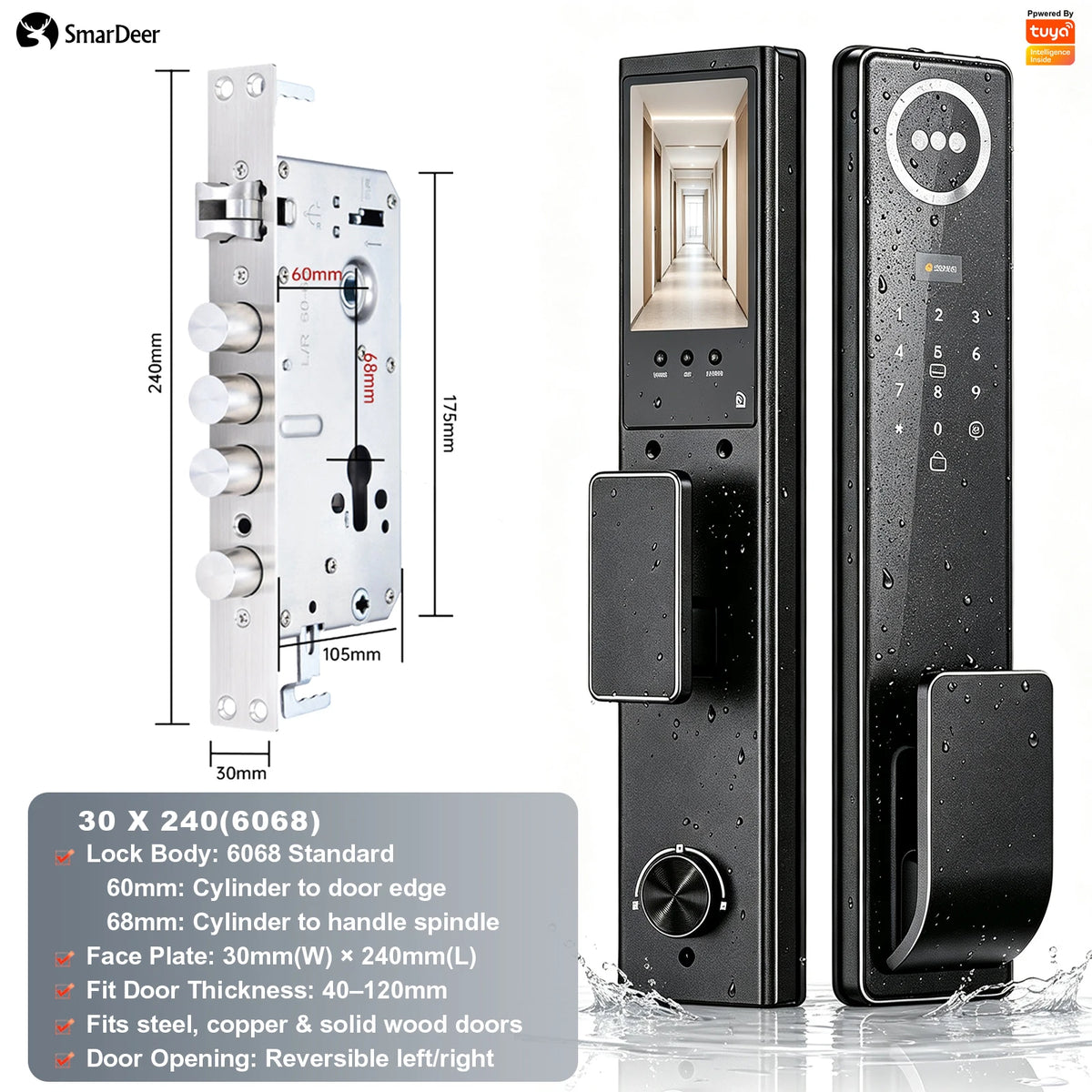3D Face & Palm Vein Smart Door Lock IP65 Waterproof Tuya Video Call Biometric Fingerprint Electronic Lock for Home Front Door Vue 30 x 240(60 68) 2 Battery