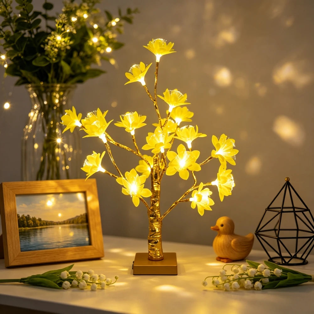 18LED Camellia Flower Golden Birch Tree LED Table Lamp,Battery Powered Night Light for Bedroom, Dining Table, Wedding Home Decor Vue