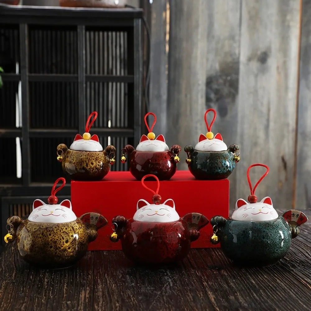 Lucky Cat Ceramic Tea Canister Cartoon Moisture Resistant Tea Sealed Jar Blessing Tea Storage Box Desktop Decoration Vue