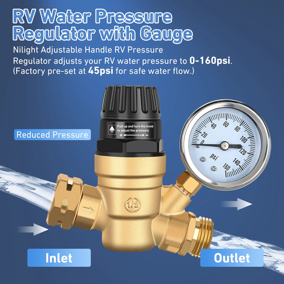 Nilight RV Water Pressure Regulator for RV Camper, Adjustable Handle Water Pressure Regulator Valve with Gauge and Inlet Screen Filter, Brass Lead-free Reducer Valve Filter for Camper Travel Trailer Vue