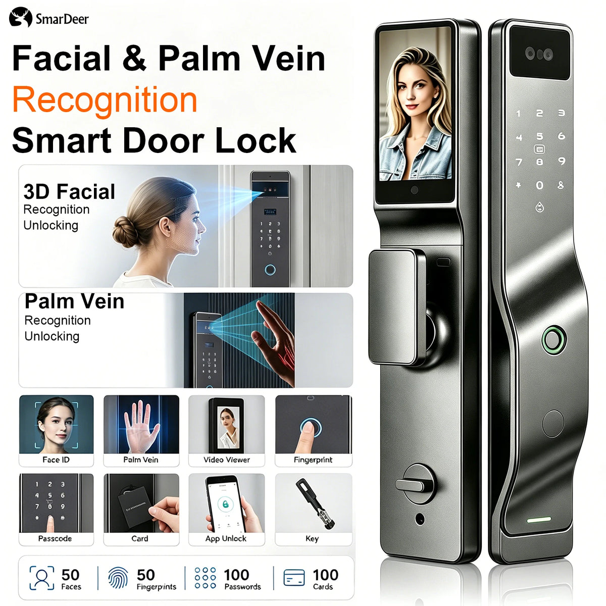 SmarDeer 3D Face Palm Vein Smart Lock Biometric Fingerprint Door Lock APP Remote Temporary Password Keyless Entry Home Security Vue