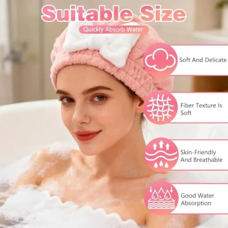 Super Absorbent Hair Towel Wrap Wet Hair, Microfiber Wrap, Bow-Knot Button-Free Coral Fleece Dry Hat, Turbans Long Thick Curly Vue