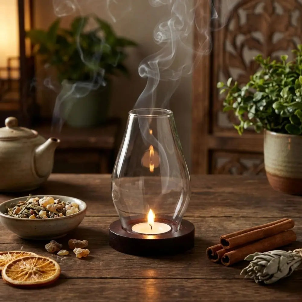 Windproof Glass Candle Holder Transparent Vintage Style Candle Cup Cover Heat-resistant Solid Wood Base Incenses Stove Lamp Vue