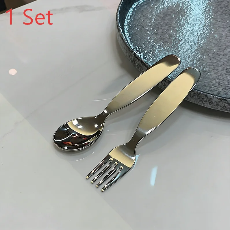 Stainless Steel Spoon Fork Set Short Handle Children's Tableware Household Baby Food Spoon Soup Spoon〔CC11〕 Vue D1