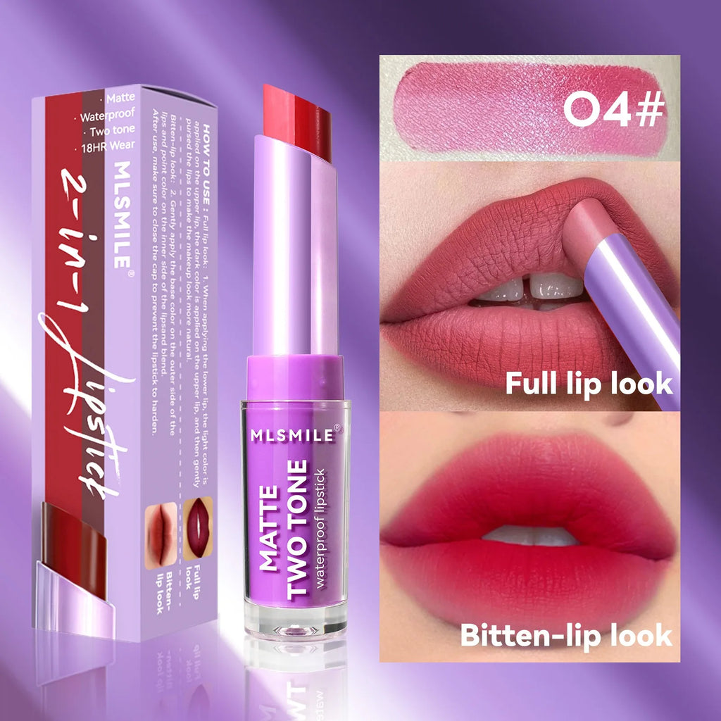 Rose Pink Gradient Lipstick Waterproof 18HR Wear Two Tone Matte Pearly Lip Liner Nude Brown Moisturizing Non-stick Cup Lip Gloss Vue 04