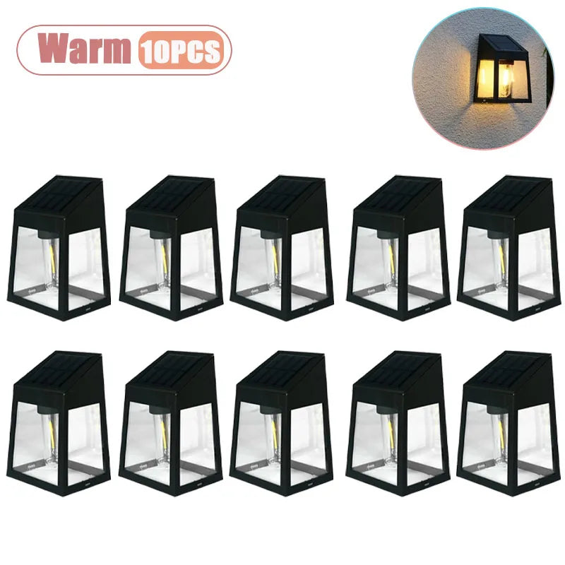 1-10PCS Solar Garden Wall Lantern Outdoor Waterproof Tungsten Filament Glow for Courtyard Fence Decorative Exterior Lighting Vue Warm-10PCS