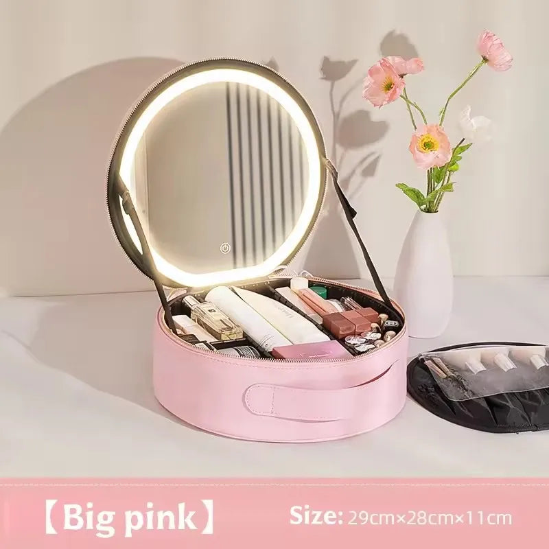 Travel PU Makeup Bag With Led Mirror Portable Cosmetic Case With Mirror And Light Travel Rechargeable Makeup Bag With Led Light Vue Pink CN