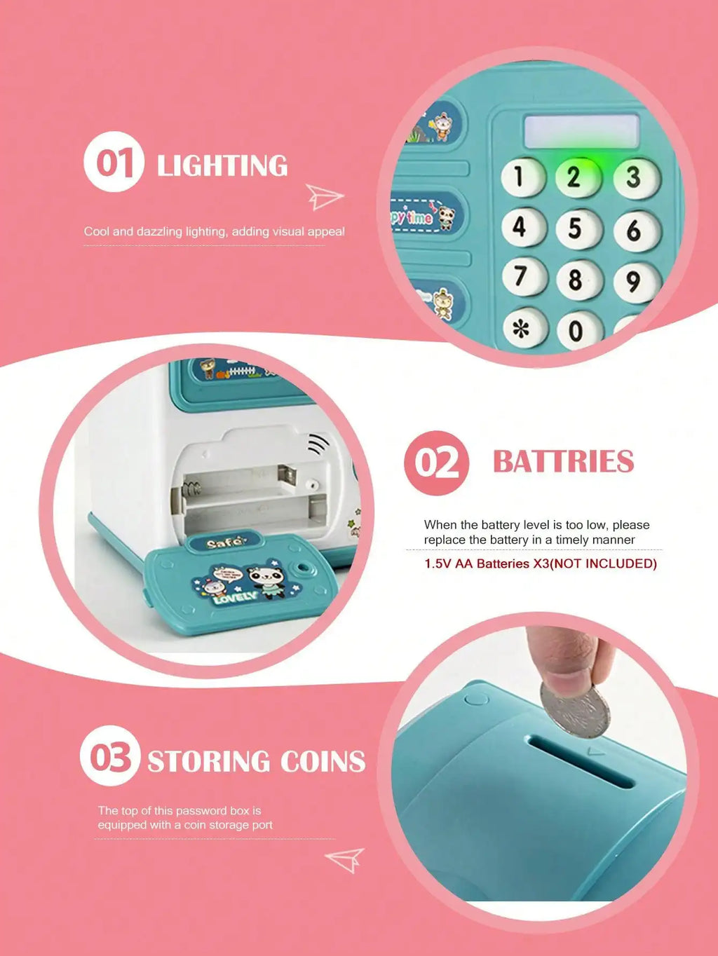 Piggy Bank with Lights, Music, and Password Unlock; Coin Storage and Electric Banknote Feeder Children's Toy Vue