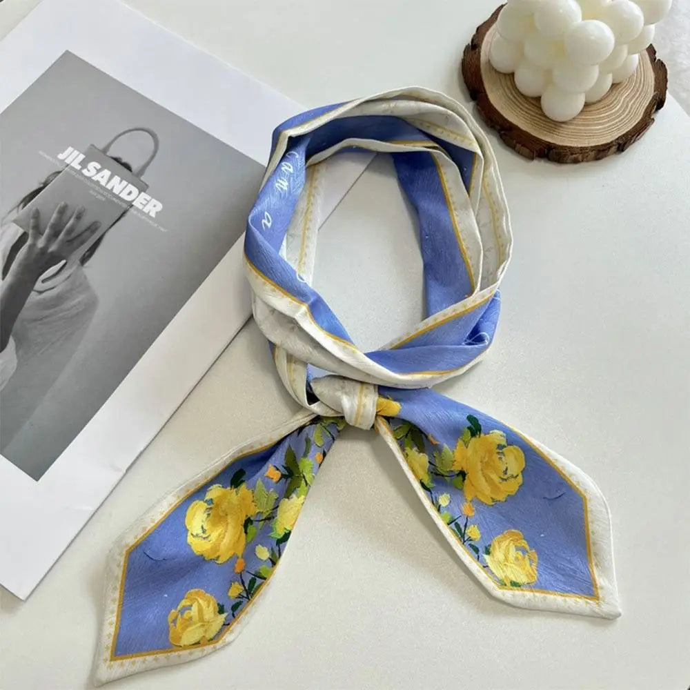 Versatile Fresh Floral Satin Silk Ribbon Scarf Women Summer Long Thin