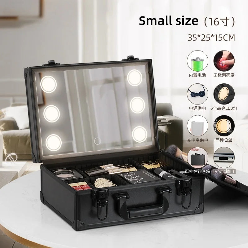 Makeup Travel Lighted Case with Large LED Light Mirror Coetic Bag Organizer Professional Adjustable Divider Storage Waterproof Vue 2071-Small size