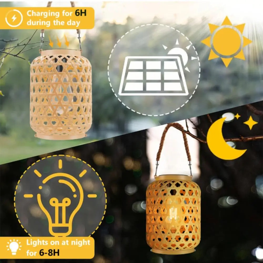 Waterproof Rattan Solar Lanterns Rechargeable Soft Light Solar Table Light Elegant Design Bamboo Weaving Woven Solar Lamp Vue
