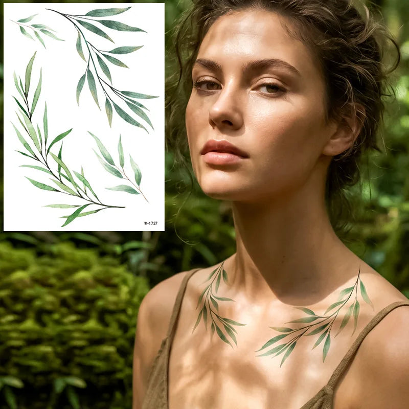 Spring Summer Green Leaf Vine Temporary Tattoo Sticker Waterproof Forest Plant Tattoo Sticker For Women Fake Tattoo Sticker Vue