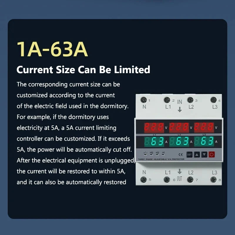 100A 63A 3 Phase Din Rail Phase Selector Adjustable Over and Under Voltage Current Protection Monitor Relays Protector Vue