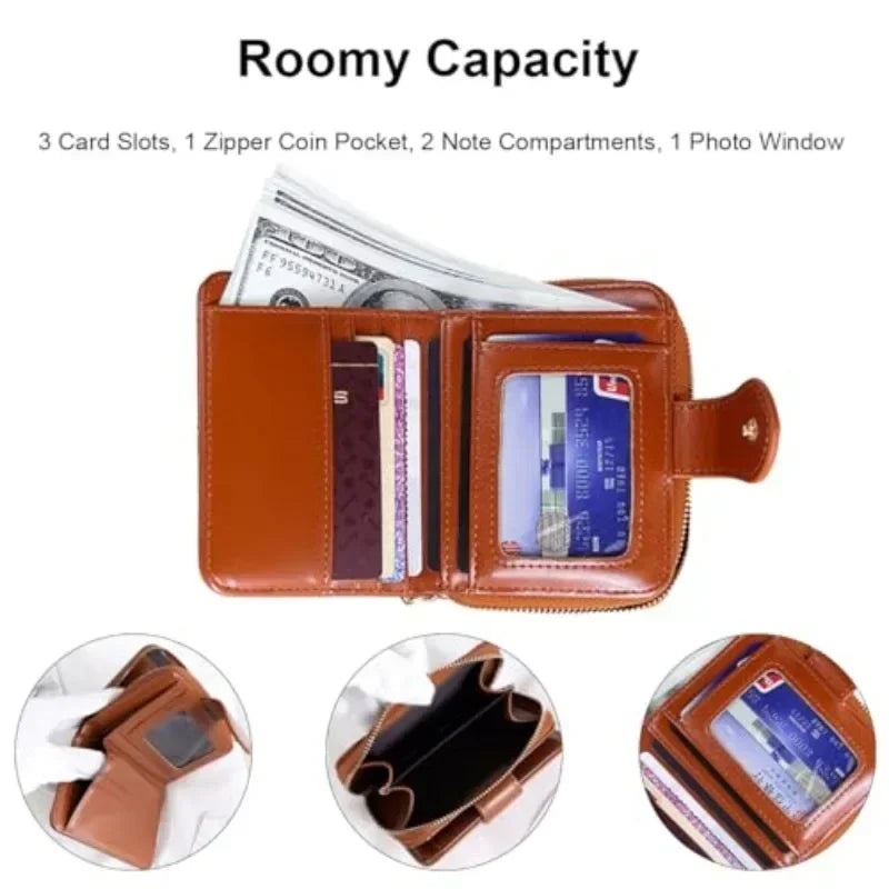 Eco Memos 7PCS Small Women Wallet Leather Bifold Purse with ID Window RFID Blocking Genuine Leather Clutch Wallet (Wine Red) Vue