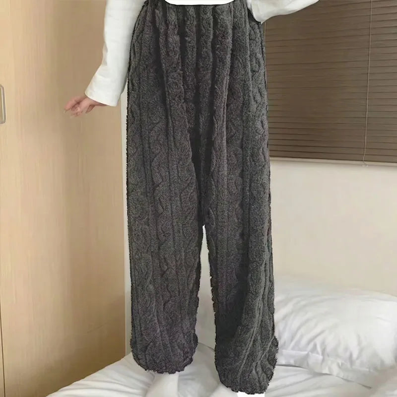 Women Coral Fleece Pants Thickened Warm Cable Knit Lounge Bottoms Relaxed Fit Sleep Pajama Pants for Home Winter Wear Vue