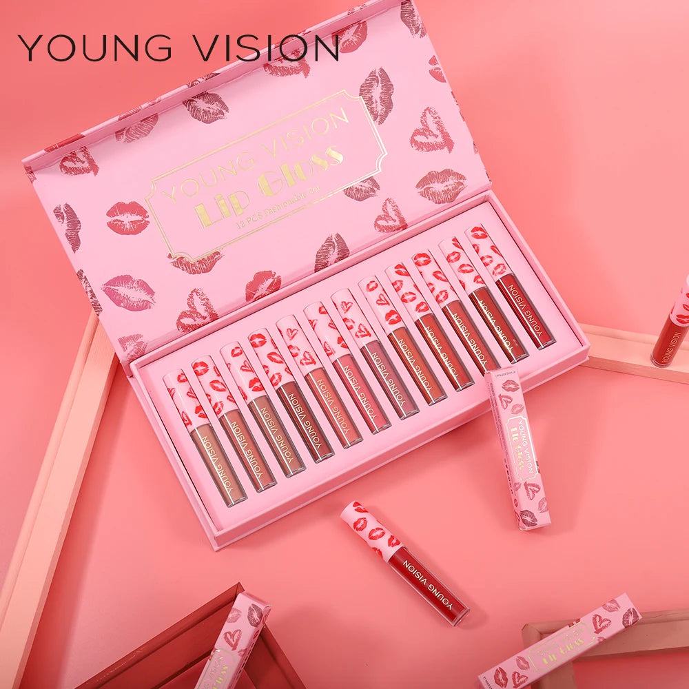 YOUNG VISION 12Pcs/set Lip Glaze Magnet Gift Box Set Matte Non Stick Cup Liquid Lipstick Vue