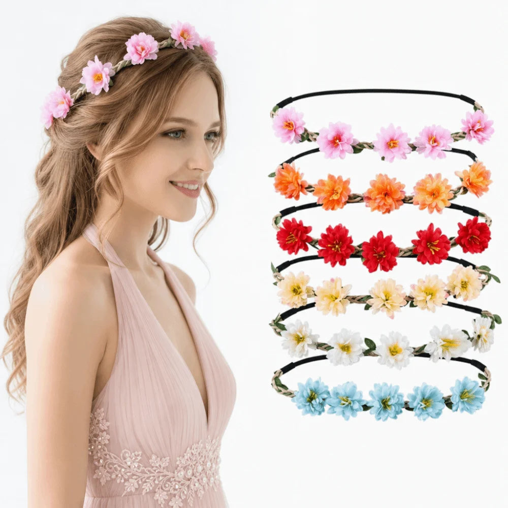Pink Rose Floral Wreath Crown Hand Woven Vintage Elegant Flower Crown Adjustable Ribbon Silk Flower Hair Loop for Bridal Wedding Vue