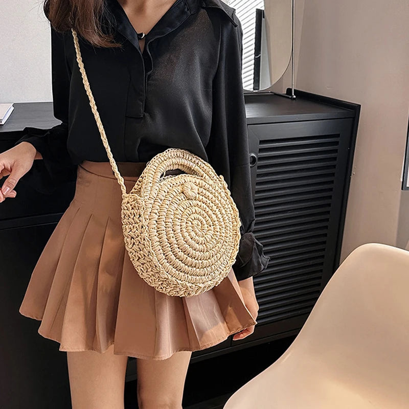 Nice Round Straw Crossbody Bag Handmade Woven Shoulder Women Summer