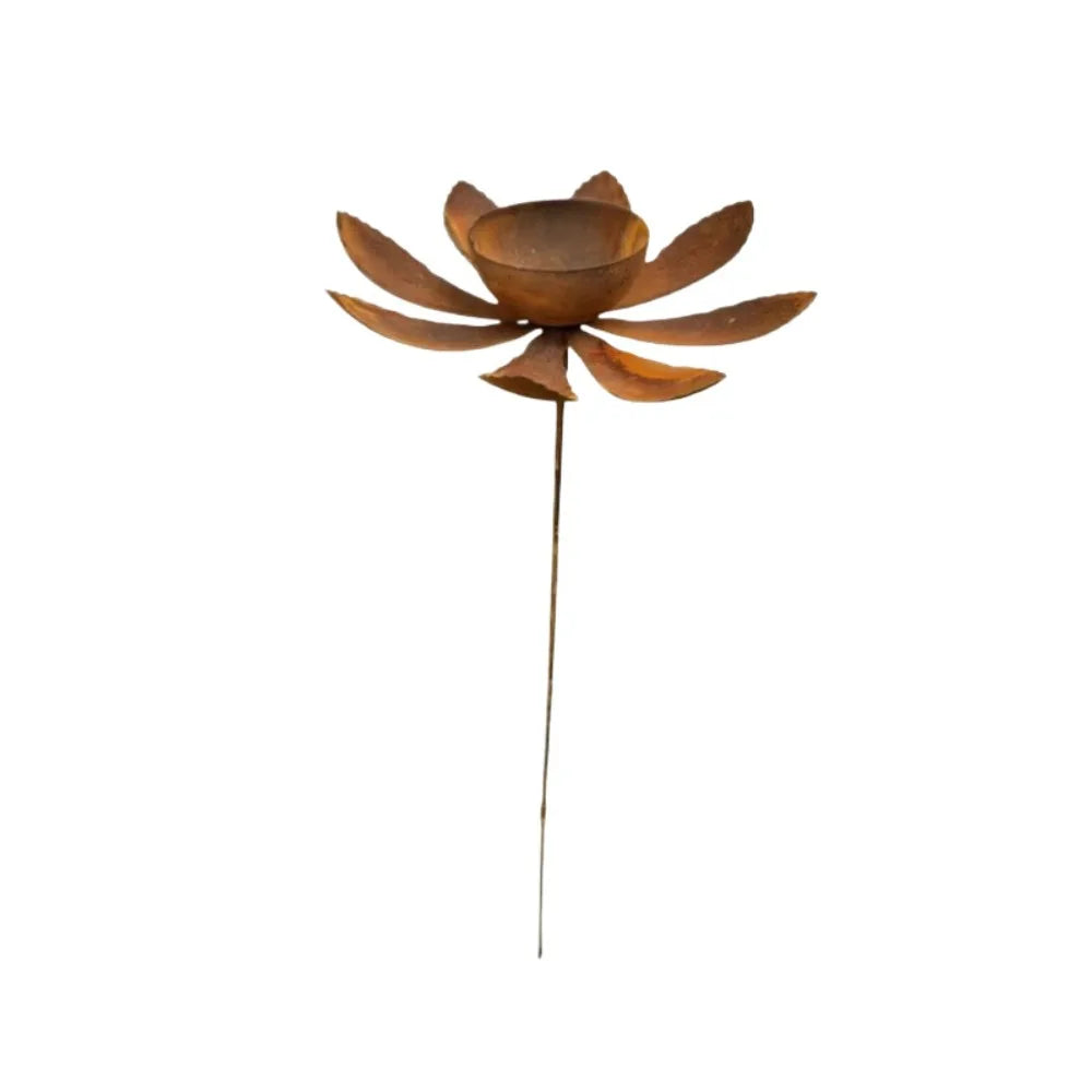 Flower Shape Metal Garden Birdbath Iron Art Rusty Bird Water Dispenser Handmade Ground Insert Bird Feeder Standing Vue Brown
