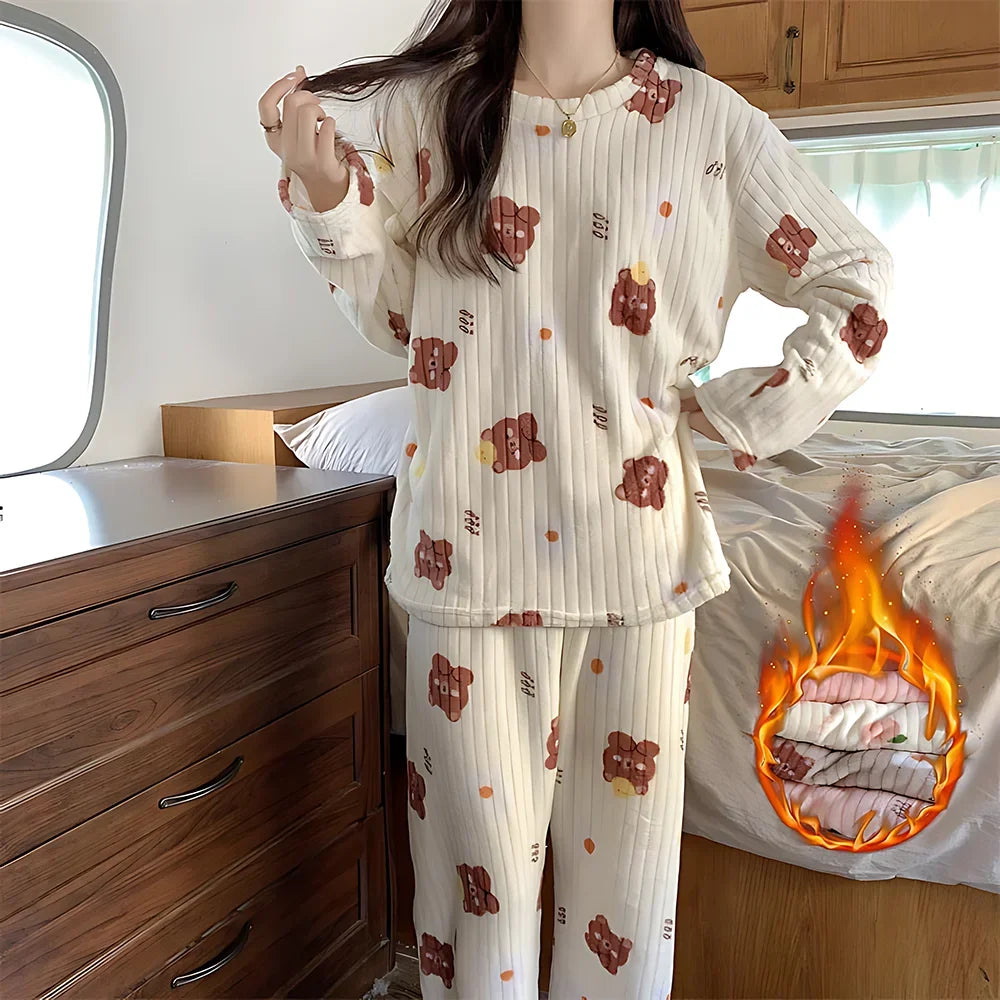 Womens Cozy Coral Fleece Pajama Set with Bear Print Long Sleeve Top and Elastic Waist Pants for Winter Sleep Home Lounging Gift Vue