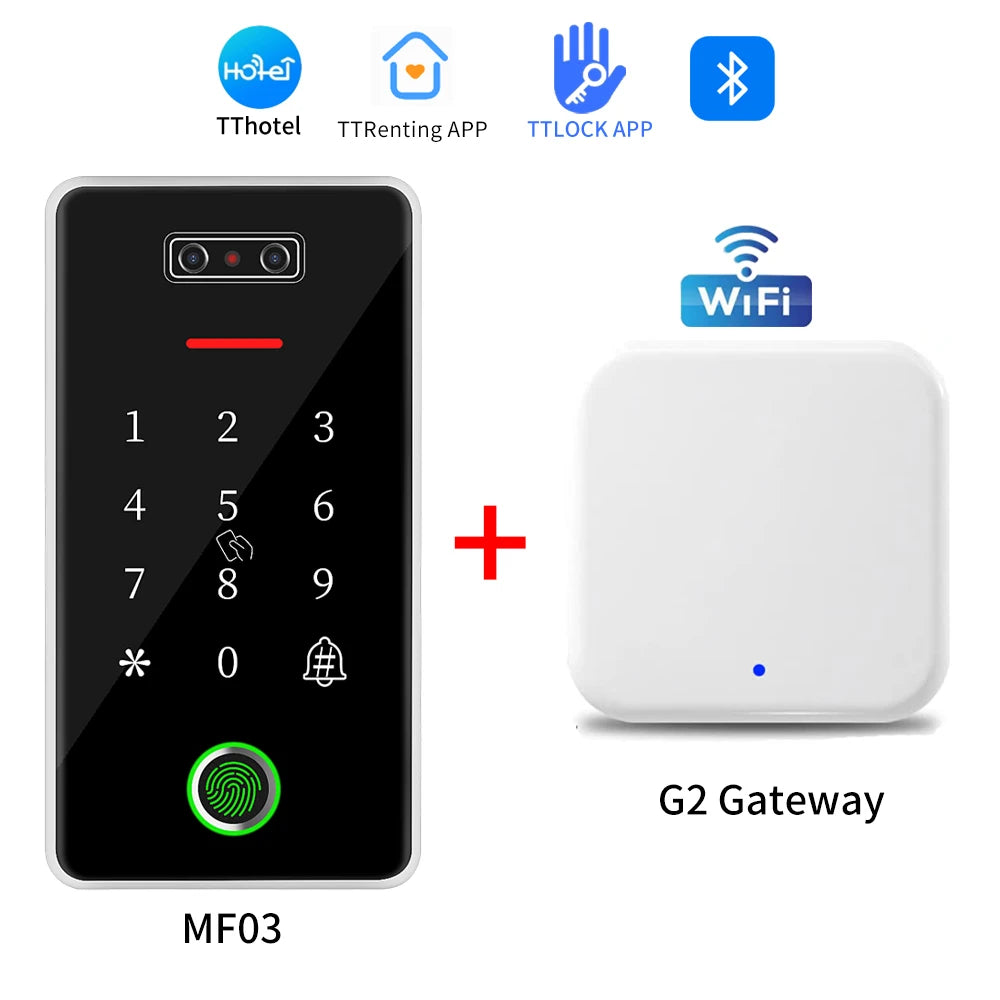 TTLOCK Biometric 100 face 100 Fingerprint Access Control Keypad supports G2 Gateway TTHotel TTRenting M1 RFID Reader Door Opener Vue MF03-TTLOCK-G2