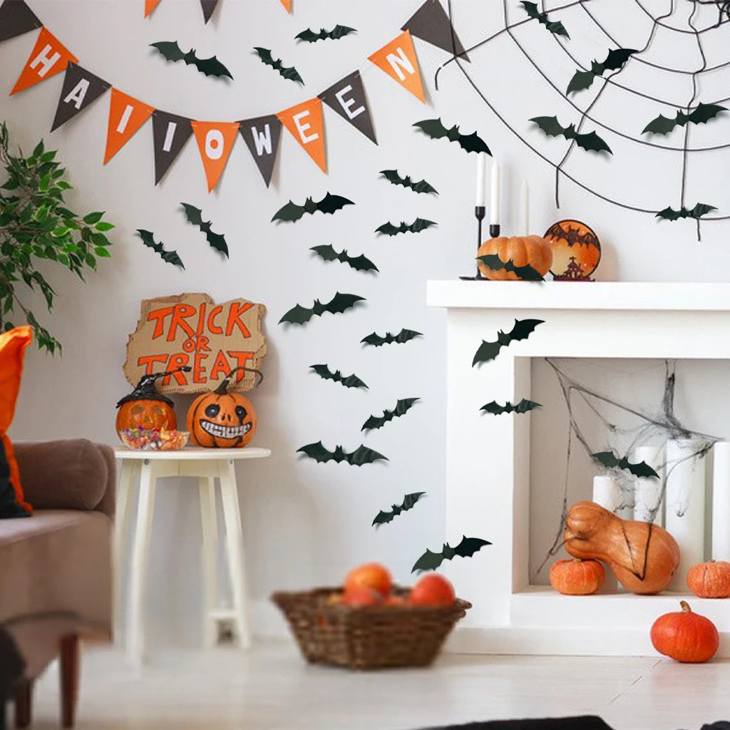 24pcs Halloween Bat Stickers Halloween Decoration 3D Black PVC Bat Wall Stickers Halloween Room Outdoor Decor Scary Decos Props Vue