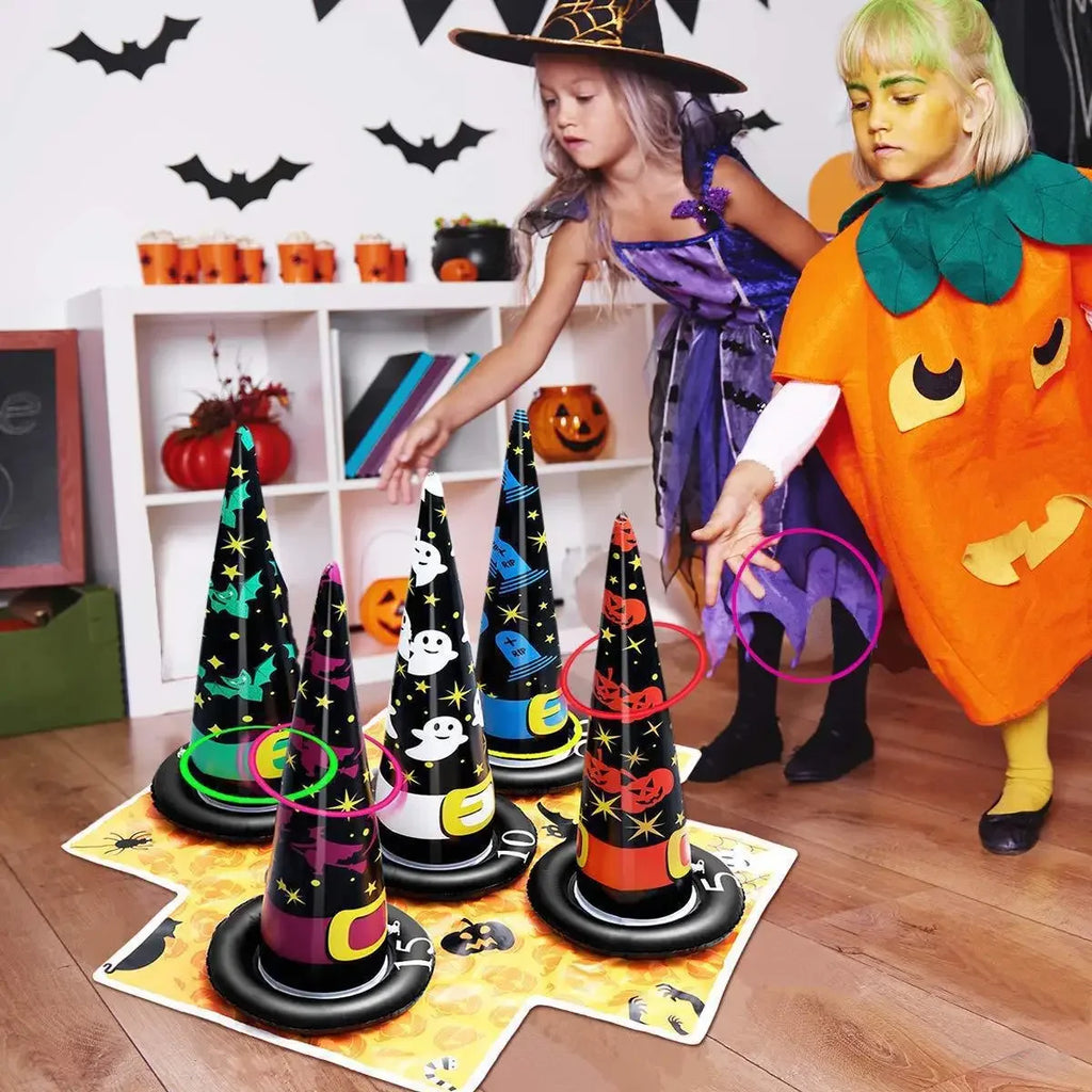 1-10Sets Halloween Inflatable Cone Toss Ring Game PVC Witch Hat Target for Carnival Party Adults Outdoor Interactive Fun Vue