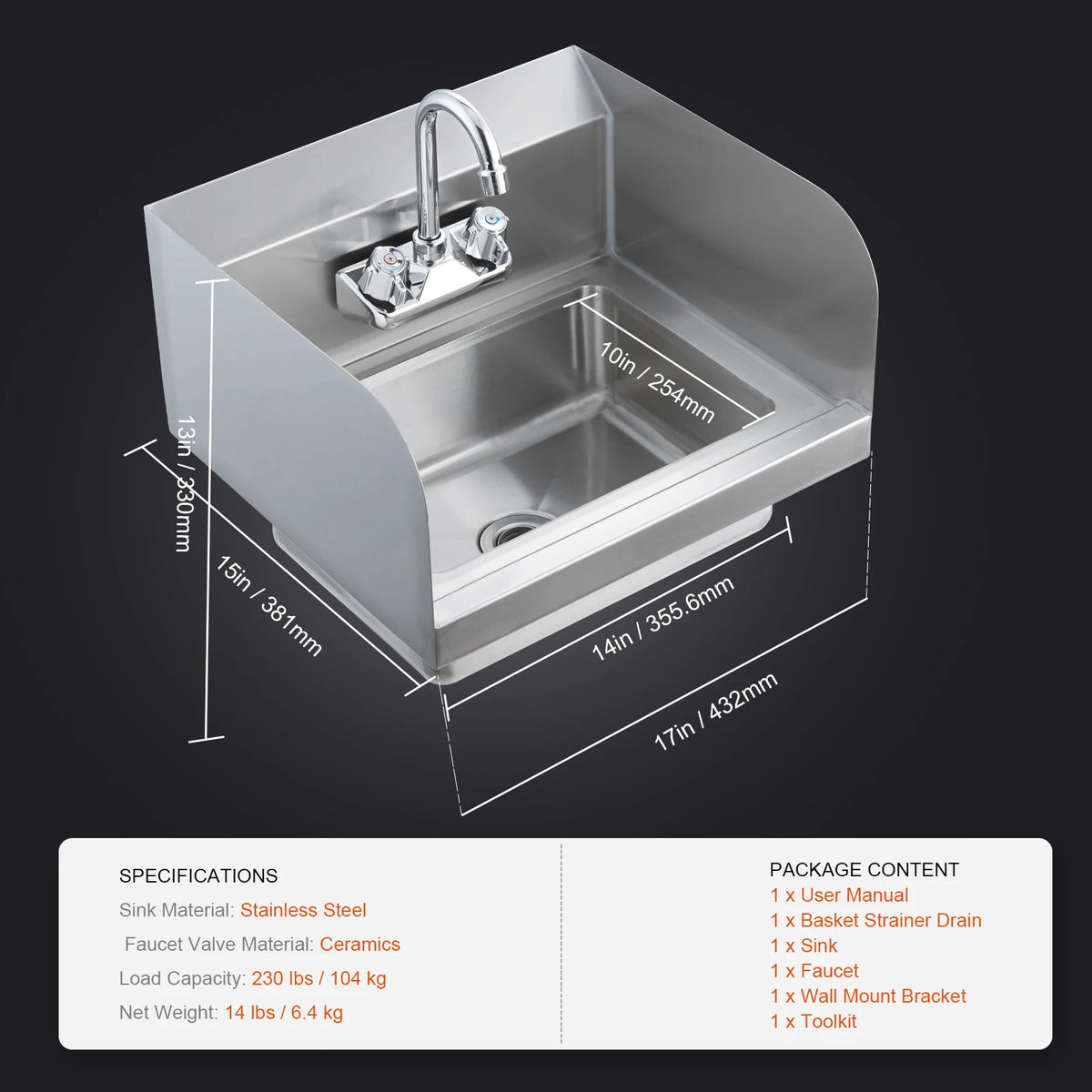 SucceBuy Commercial Wall Mount Hand Sink with Faucet & Splash Commercial Hand Sink Vue 14x10inch United States