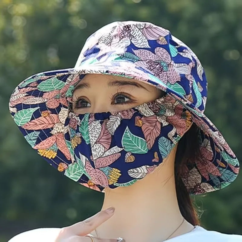 1-2PCS Women‘s Sun Hat with Face Mask Floral Leaf Pattern Wide Brim UV Protection for Outdoor Hiking Gardening Beach Vue