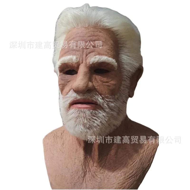Old Man Full Head Mask With Realistic Aged Face Balding Wig Spooky Grandpa Costume For Adults Halloween Party Haunted House Vue