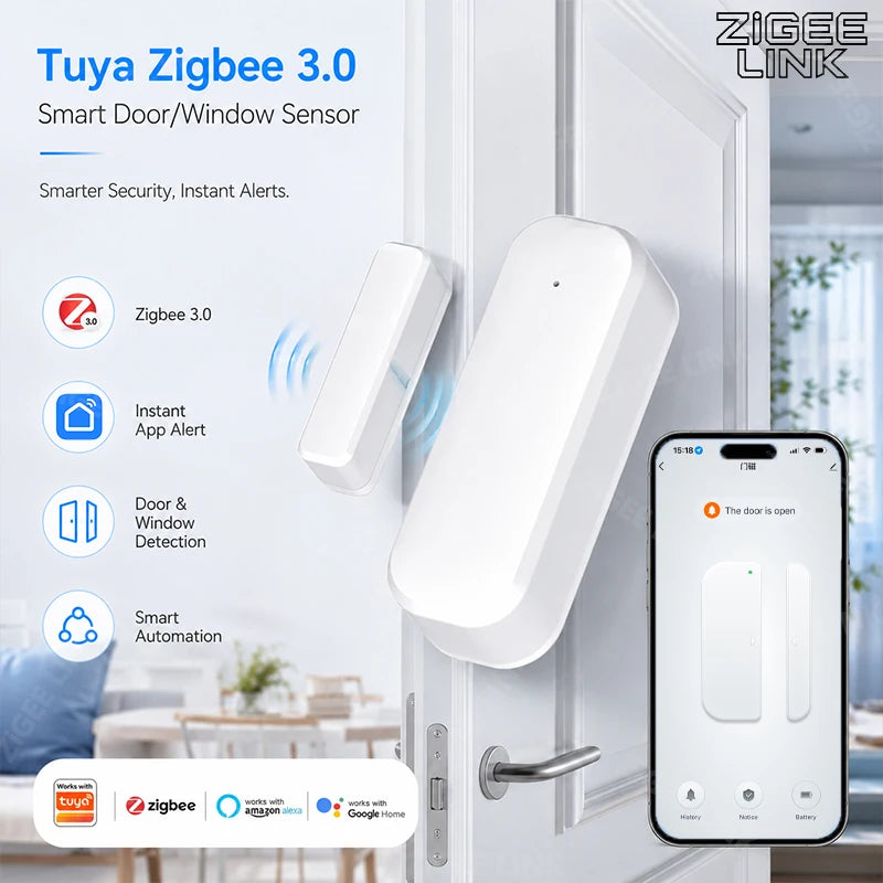 Zigbee3.0 Burglar Prevention Door Window Sensor Wireless Magnetic Opening Detector With Smart Life Alarm Notice Voice Control Vue