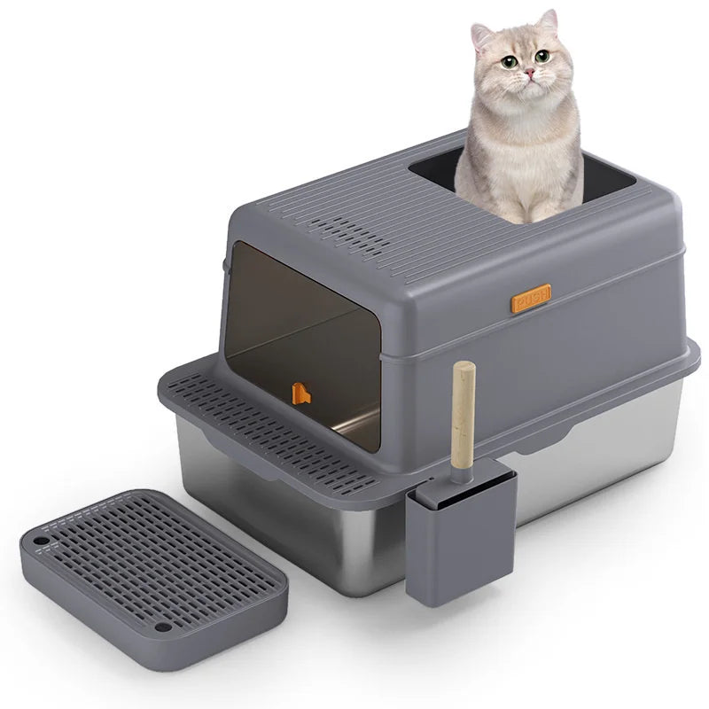 Large Covered Stainless Steel Cat Litter Box Easy To Clean Anti Splash With Scoop For Apt Owners And Indoor Pets Hygienic Gift Vue A2
