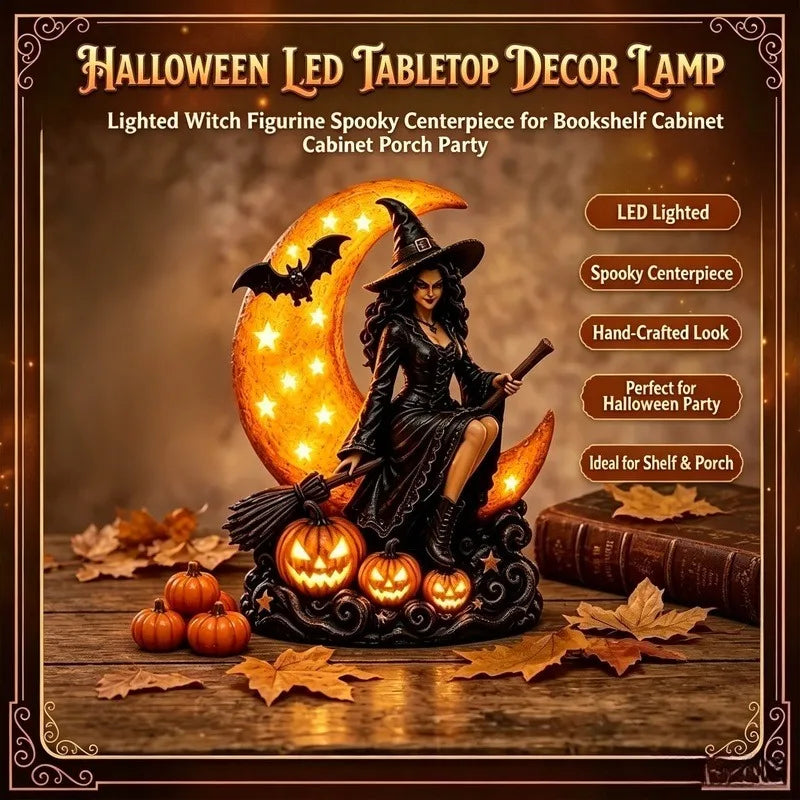 Lighted Halloween Witch Table Lamp, LED Spooky Figurine Decor for Bookshelf Cabinet Entryway Porch Vue