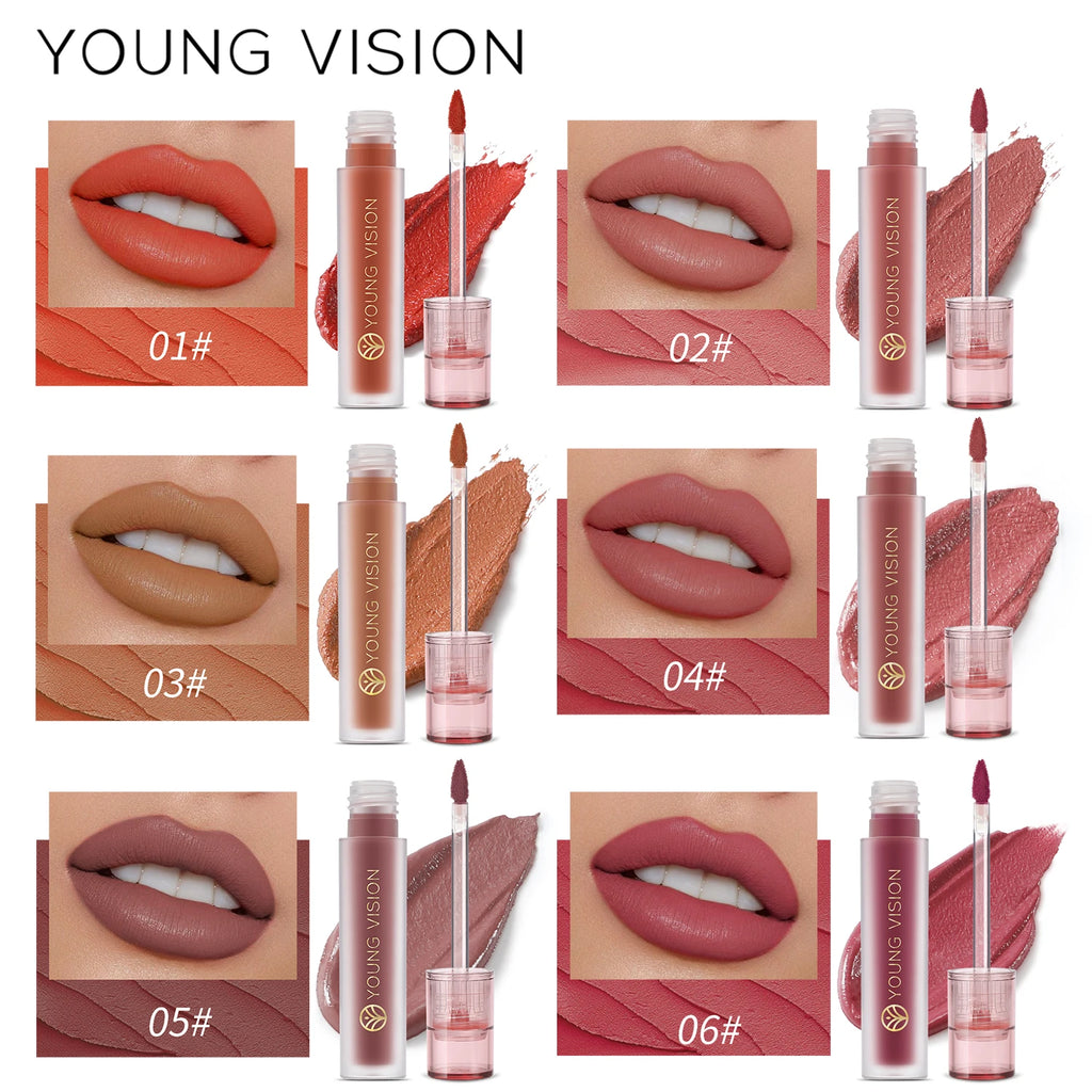 YOUNG VISION 6-Color Matte Velvet Lip Gloss Silky Smooth, Long-Lasting Color Seductive Feminine Lip Makeup Vue